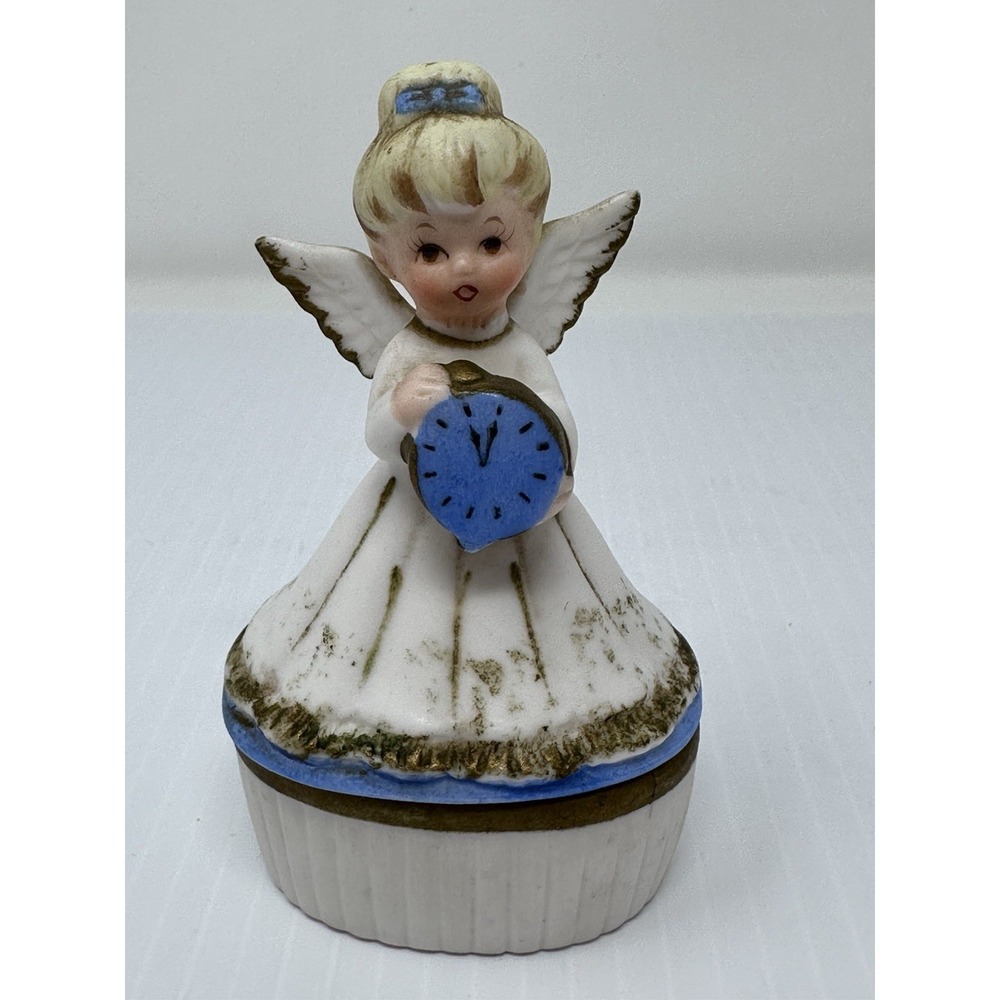 Vintage Lefton February Angel Trinket Box 1950s/1960s Blue Clock Japan 3447